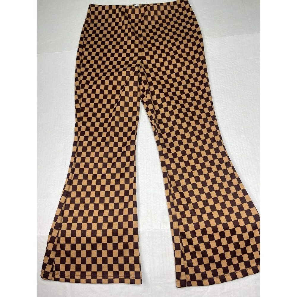 Love On A Hanger Brown Tan Checkered Flare Pants High Rise Size 9 Retro Style b1